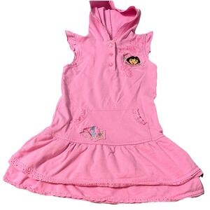Dora Explorer Vintage Y2K Pink Double Ruffle Cap Sleeve Hoodie Dress 4T